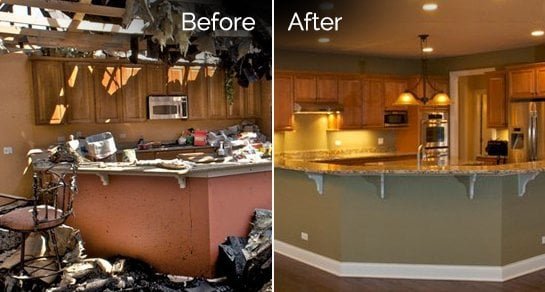 Before and after imaged of kitchen damaged by house fire
